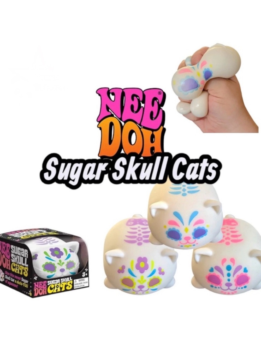 RARE NeeDoh Glow In The Dark Sugar Skull Cats, Pink